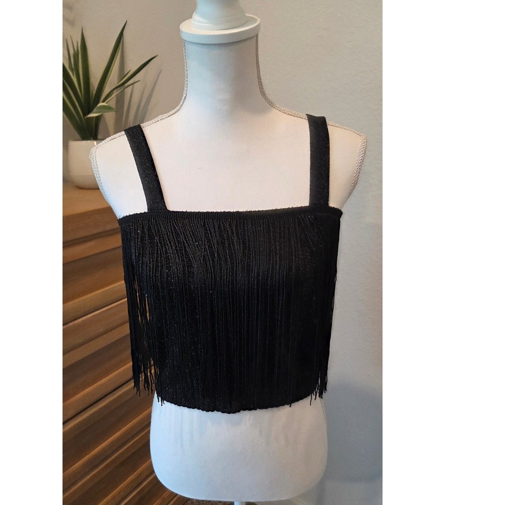 MNG Mango Fringe Knit Sparkly Crop Tank Top Black Metallic Party Festival Medium